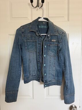 Hydraulic Blue Denim Jacket with Teal Buttons - Medium